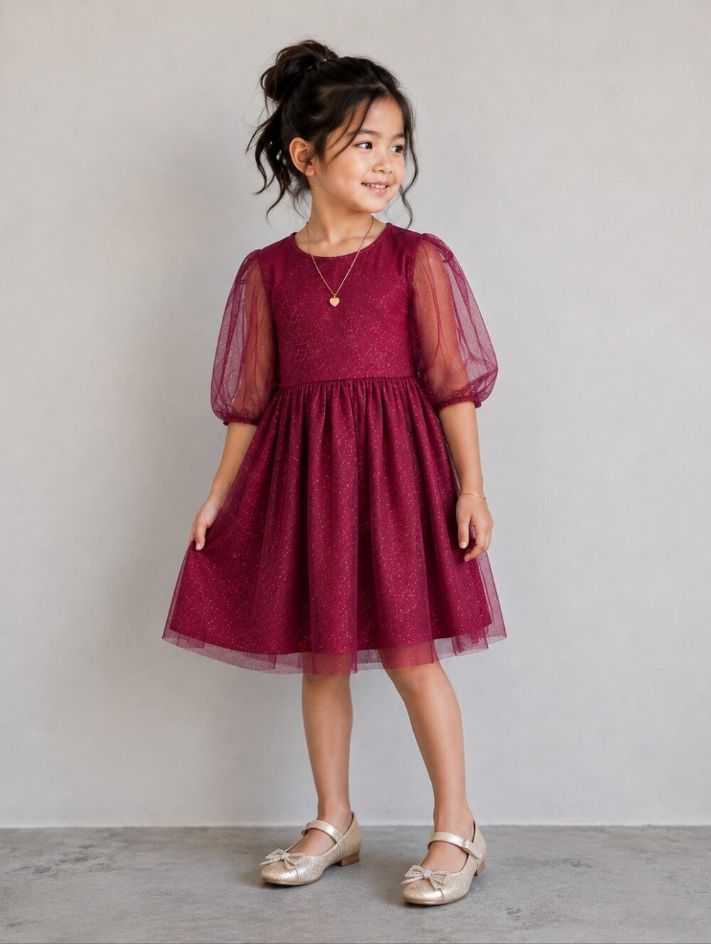 H&M Girls Burgundy Glitter Tulle Party Dress Puff Sleeve Size 5-6 Years Holiday